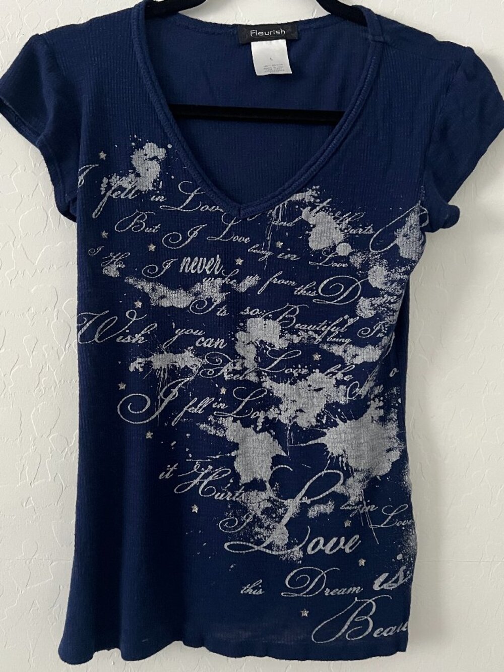Fleurish Y2K Style Graphic Baby Tee Women’s Large Blue Fairy Grunge Script Top